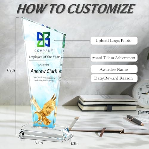 Custom Crystal Trophy Award Personalized Plaque Award with Text Logo Photo Awards Trophies for Employee Recognition Team Graduation Personalized Office Gifts for Boss Coworker Teacher (Light Blue) — view 2
