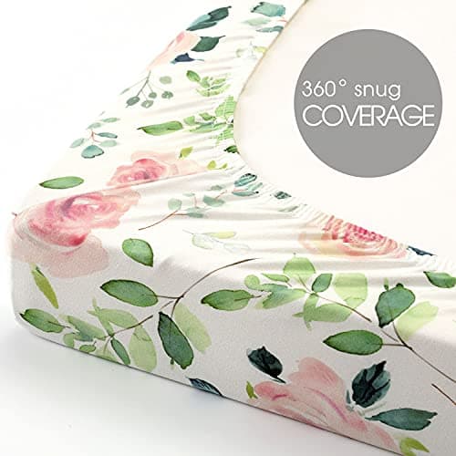 GRSSDER Stretchy Ultra Soft Jersey Knit Fitted Pack n Play Sheets Set 2 Pack, Portable/Mini Crib Sheets, Snug and Safe Playards Sheet for Baby, Pink Rose Stylish Print — view 5