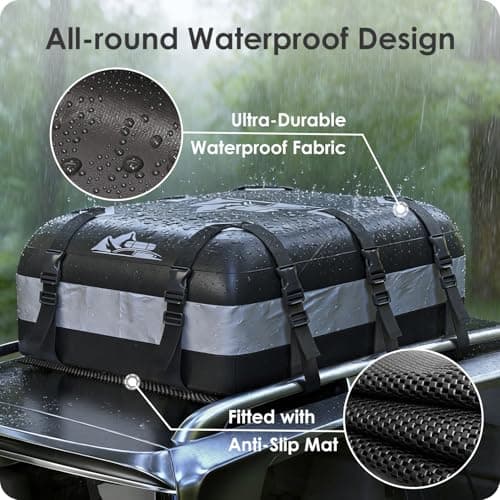 BATSUVCER Rooftop Cargo Carrier 15-20 Cubic, 700D Waterproof Cargo Box, Rooftop Cargo Box with Anti-Slip Mat and 10 Heavy-Duty Straps (Gray, 20 Cu Ft)