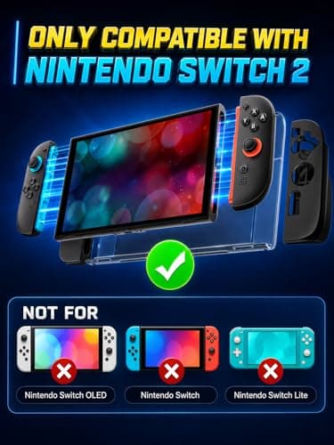 ivoler 5-in-1 Split Protective Case for Nintendo Switch 2, Dockable & Magnetic Accessory Compatible PC Hard Cover, Quick-Release Silicone Joy-Con Grips, 2-Pack 9H Glass Screen Protectors - Black — view 4