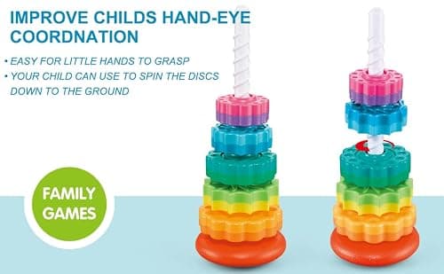 FineSource Plastic Rainbow Stacker Toddler Spinning Toy Early Intervention Toys Stacking Rings Toy Learning Toys for 12 MonthsBaby Boys Girls (12) — view 2