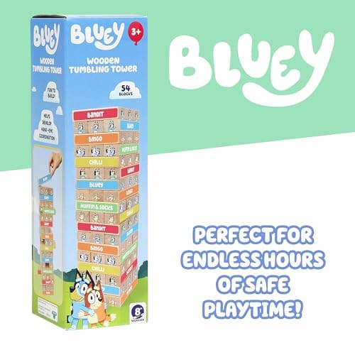 Bluey 8th Wonder Stackable Tumbling Tower Game, Robust Wooden Stacking Game with 54 Illustrated Colored Blocks, Fun Balancing Toy for Kids Ages 3+ — view 6