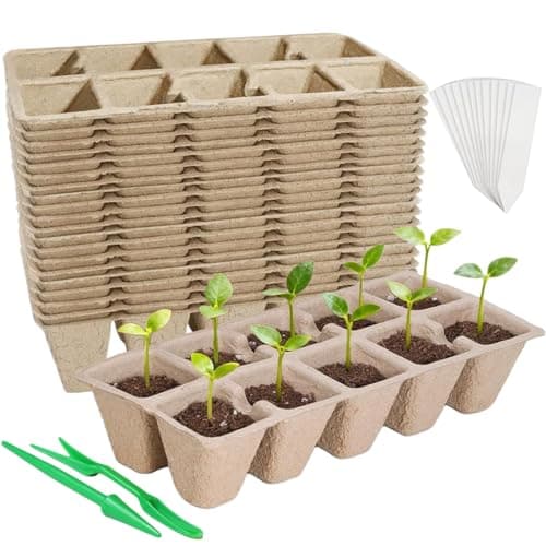 400 Cells Seed Starter Tray 40 Pack, Peat Pot Organic Biodegradable Seedling Pots Germination Trays with 100 Plant Labels for Vegetable Flower, Herbs, Indoor Outdoor Garden