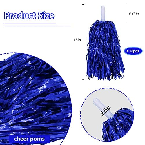 12PCS Blue Cheerleading Pom Poms Metallic Foil Cheer Pom Poms with Baton Handle for Game Sports Squads Dancing Party Football Basketball Club Spirit Sports