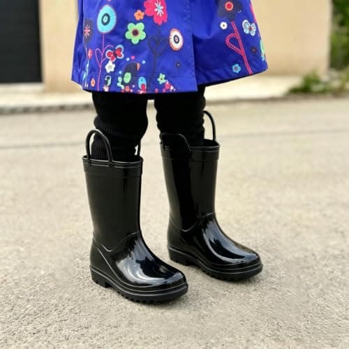 EUXTERPA Boys Girls Waterproof Rain Boots Kids Toddler Solid Color Boots with Easy On Handles, Black, Toddler Size 5