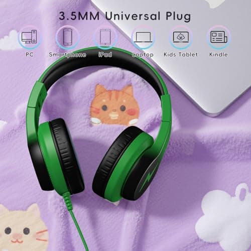 Candy Bila Kids Headphones for School, HD Mic Stereo Sound, 85/94dB Safe Volume, Foldable Wired Over Ear Headphones for Travel, Toddler, Boys, Girls, Tablet, iPad, 3.5mm Jack,Black and Green — view 3