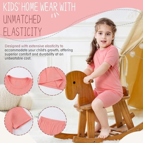 MICHLEY Bamboo Toddler Pajamas 2T - Soft Rayon Bamboo Sleepwear Short Sleeve PJS Set, 4-Piece Top & Shorts Casual Outfit, Mommy and Me PinkBeige Outfits Machine Wash, Gift for Boys Girls — view 2