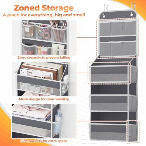 SpaceHacks 5-Tier Over the Door Organizer with Mesh Pockets, Baby Nursery Storage for Closet, Bathroom and Bedroom, Adjustable Hanging Closet Organizer for Cosmetics, Books and Essentials (Dark Grey) — view 2