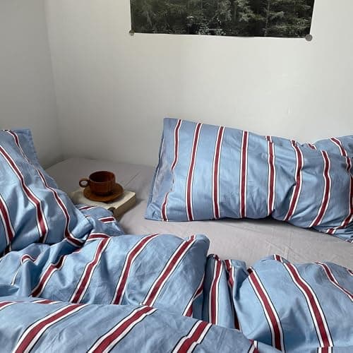 mixinni Vintage Striped Blue Duvet Cover Queen - 100% Cotton Red Stripes 3-Piece Bedding Duvet Cover Set with Zipper Closure, Soft & Breathable Retro Design for All Seasons (Queen Size) — view 6