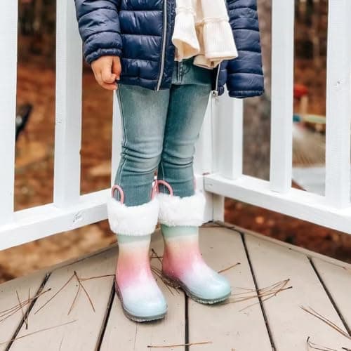 EUXTERPA Toddler Kids Light Up Glitter Rain Boots Waterproof Warm Fleece Lined Boots for Girls Winter Snow Boots, Pink Gradient, Size 2