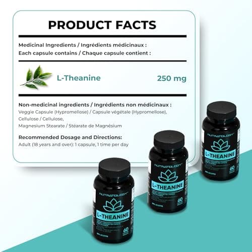 Nutratology® L-Theanine 250MG Capsules | Canadian-Made | For Stress Management | Promotes Relaxation & Calmness Without Drowsiness - L-Theanine Supplement for Stress Relief | 60 Capsules — view 6