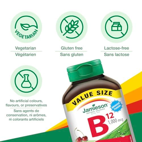 Jamieson Vitamin B12 Methylcobalamin 1,000 mcg, Fast Dissolving, Faster Acting, Naturally Energizing, and Supports Metabolism. Vegetarian, Gluten-Free, Natural Wild Cherry Flavour, 150 Sublingual Tablets, Proudly Canadian — view 3