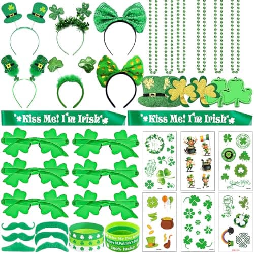 68Pcs St Patricks Day Accessories Party Supplies Set, Headband Glasses Beads Necklaces Tattoo Stickers for St Patricks Day Costume Party