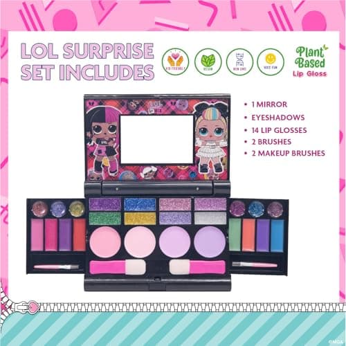 L.O.L Surprise! All-in-One Kids Cosmetic Compact Set Includes Washable Lip Gloss, Eye Shimmer, Cheek Shimmer, Brushes Colorful Portable Beauty Set for Girls, Kids, and Toddlers Ages 5+ by Townley Girl