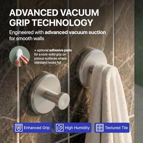 HOME SO Suction Cup Hooks for Shower & Bathroom Towel Holder 2-Pack – Suction Cups Hooks for Hanging Towels, Robes, & Coats - Tiles, Glass Door or Mirror – Shower Hooks & Towel Hooks Organizer -Nickel