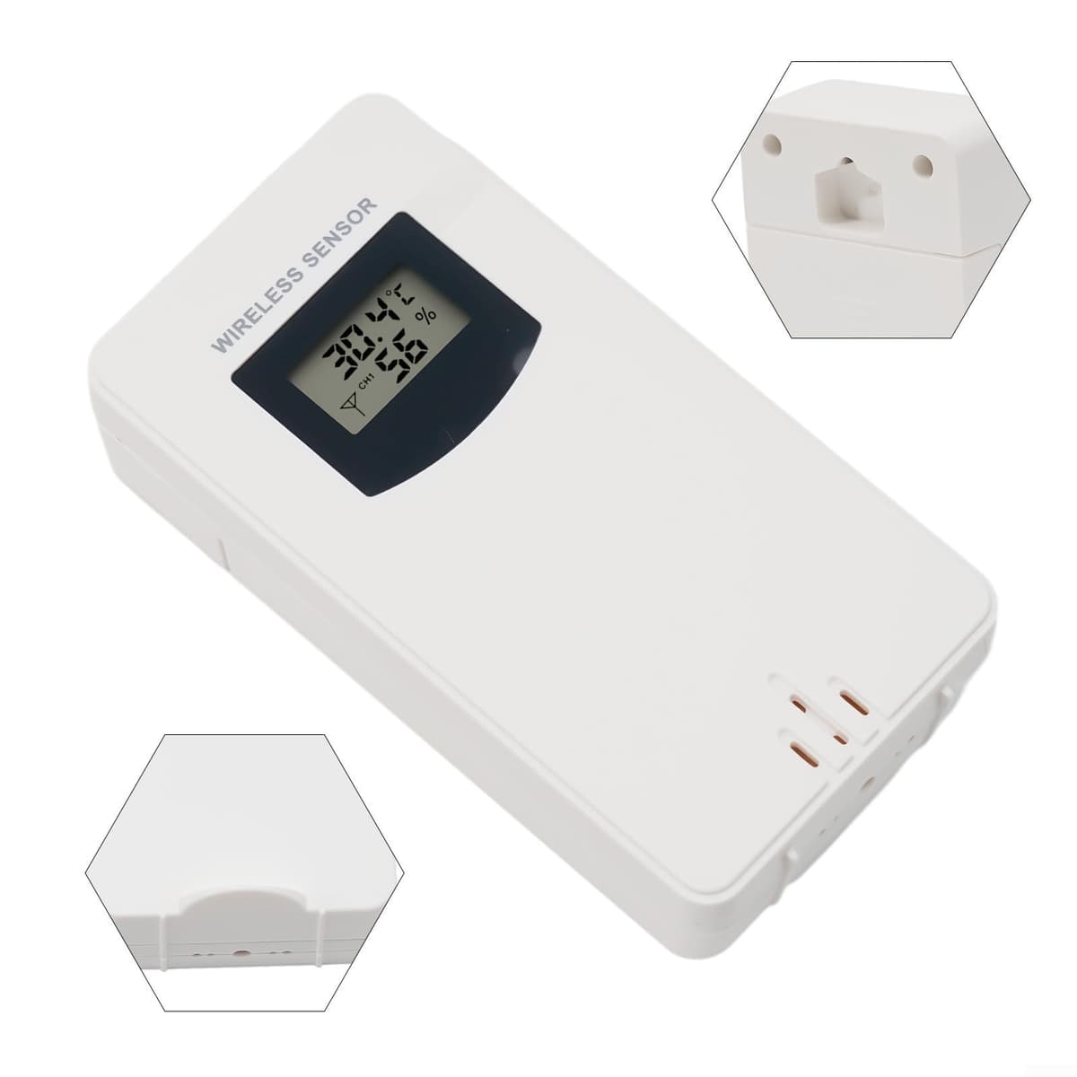Sensor inalámbrico de repuesto para termo higrómetro para exteriores, estación meteorológica, sonda de temperatura remota de 433 MHz con soporte de pared (blanco) — view 5