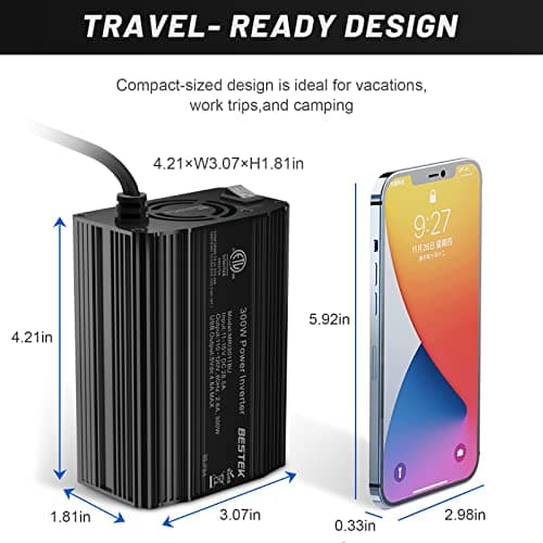 BESTEK 300W Power Inverter DC 12V to 110V AC, Durable Aluminum Housing Car Charger Adapter with 4.8A Dual USB Fast Charging Port, Car Plug in Cigarette Lighter Outlet for Laptop