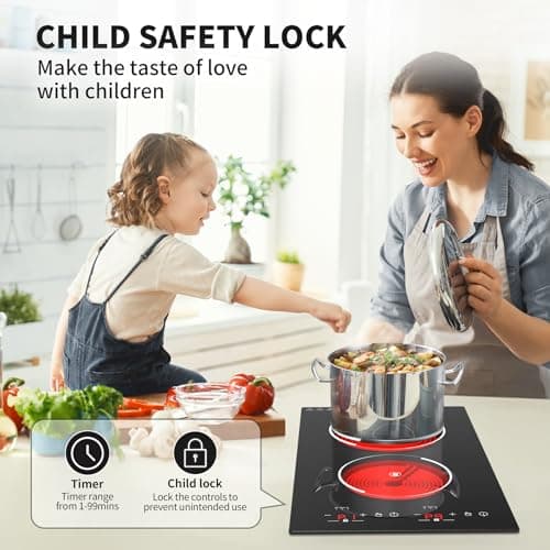 VBGK Electric Cooktop,12 Inch Built-in Radiant Electric Stove Top,110V 2100W 2 burner cooktop With 9 Heating Level, Timer & Kid Safety Lock, Sensor Touch Control 2 burner Induction Cooktop — view 5