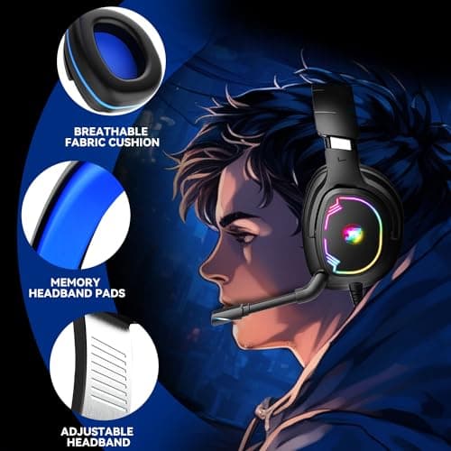 Jimonyer Gaming Headset for PS5 PS4 Xbox Series X|S PC Switch, 7.1 Surround Sound Over Ear Headphones with Noise Canceling Mic, RGB LED Light, Soft Memory Earmuffs Headset for Gaming or Work (Blue) — view 4