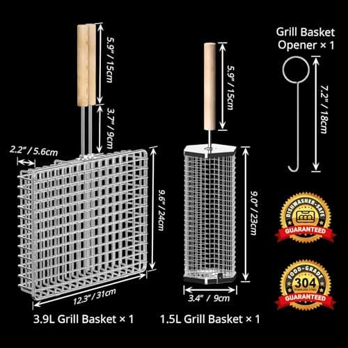 ivtivfu Grill Basket Set, Removable Wooden Handle, 304 Stainless Steel, Rolling Grilling Tools, Smoker BBQ Accessories for Vegetable Fish, Outdoor Cooking Camping, Birthday Gifts for Men Dad Husband