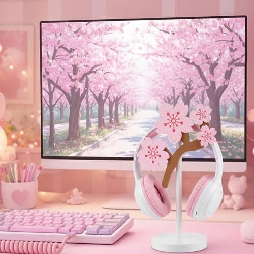Yookeer Pink Cherry Headphone Stand Cute Headphone Stand Decorative Sakura Wood Desk Decor for Gamer Room Office Desk Gaming Gifts for Girlfriend Office Worker — view 5