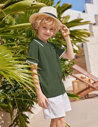 Arshiner Boys Button Down Shirt Short Sleeve Knit Shirt Summer Vintage Fashion Casual Beach Shirts for Kids 3-14 Years Army Green — view 4