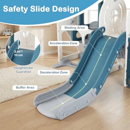 OLAKIDS Toddler Slide and Swing Set, 5 in 1 Bus Themed Baby Slide with Climber Basketball Hoop Car Playhouse for Indoor Outdoor Boys Girls Aged 3+ (Blue) — view 4