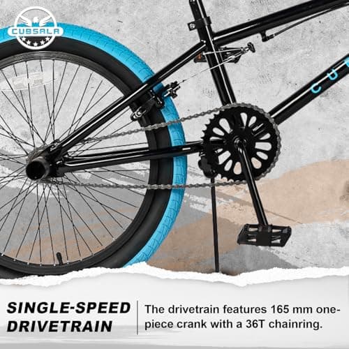 cubsala Freestyle BMX Bike, 20 Inch Kids Bicycle with 4 Pegs, Dual Hand Brake and Gyro for 6 7 8 9 10 11 12 13 14 Years Old Kids and Beginner Level Rider, Black with Blue Tires — view 2
