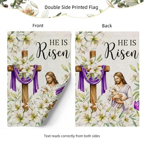 SMBLCE He Is Risen Easter Garden Flag 12x18 Inch Double Sided Outside flag, Jesus, Lamb, Cross, Bouquet of Lilies Yard Outdoor Easter Holiday Decoration — view 3