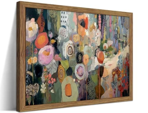 Framed Vintage Colorful Flower Canvas Wall Art, Abstract Floral Graffiti Poster Prints, Modern Boho Botanical Artwork, Elegant Nature Wall Decor for Living Room Bedroom Office 8x10in