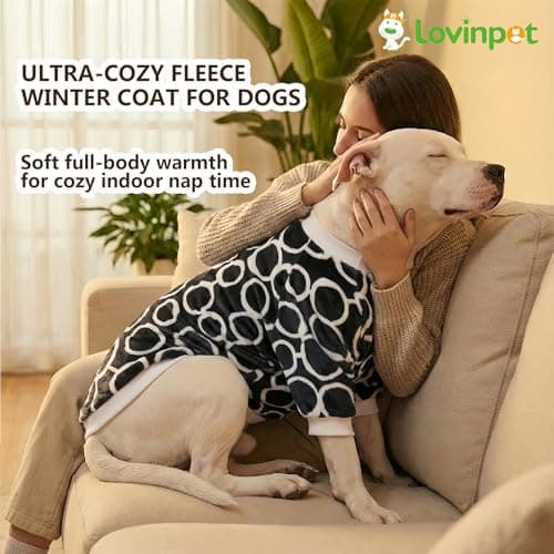 LovinPet Large Dog Flannel Coat, Warm Dog Winter Coat with Front Sleeves and Hook-and-Loop Closure, Cozy Full-Coverage Layer for Chilly Short-Hair Dogs, Freehand Black White Prints, XL — view 4