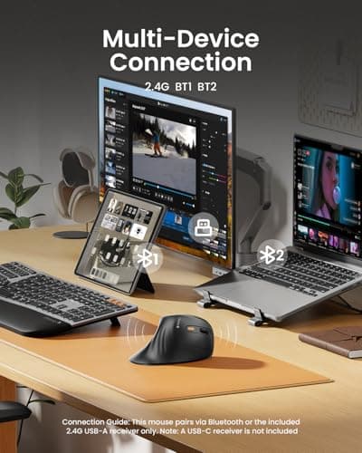 ProtoArc Ergonomic Mouse, EM11 NL Bluetooth Rechargeable Wireless Vertical Mouse, 3 Multi-Device Connectivity for Computer/PC/Laptop, 2.4GHz USB-A Optical Mice for Windows, Mac OS, Black — view 2
