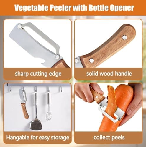 Premium Vegetable Peeler with Wooden Handle and Bottle Opener: 2-in-1 Stainless Steel Kitchen Tool for Fruit Apple Potato Pumpkin Papaya (2 PCS)