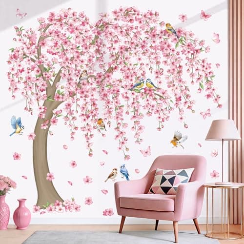 decalmile Large Cherry Blossom Tree Wall Stickers Pink Flower Branch Birds Wall Decals Girls Bedroom Living Room Sofa TV Background Home Decor