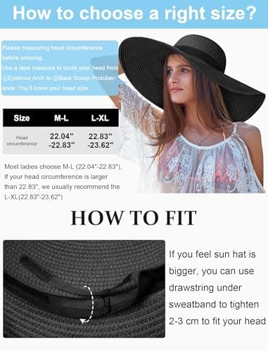 Senker Fashion Sun Hats for Women Oversize Wide Brim Straw Beach Hat Floppy Foldable Roll-Up Summer Vacation UPF 50+ Black — view 3
