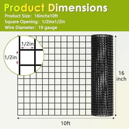 Gbekery Black Hardware Cloth 1/2inch,16in x 10ft 19 Gauge, PVC Coated Galvanized Steel Chicken Wire Fence Roll Garden Plant Welded Metal Wire Fencing Roll, Rabbit Cages Snake Fence,Black