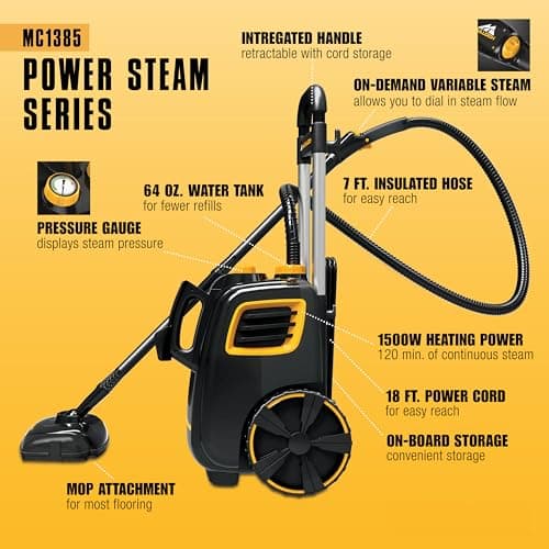 McCulloch MC1385 Deluxe Canister Steam Cleaner, 2-Hour Runtime, Chemical-Free, 23 Accessories: Mop Head, Brushes & More - Built for Home, Tile, Carpet, Furniture, & Personal Car Detailing — view 3