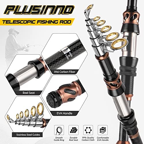 PLUSINNO Fishing Rod and Reel Combos -24 Ton Carbon Fiber Telescopic Fishing Pole - Spinning Reel 12 +1 Shielded Bearings Stainless Steel BB-Free Carrier Bag Case, Travel Saltwater Freshwater Fishing — view 2