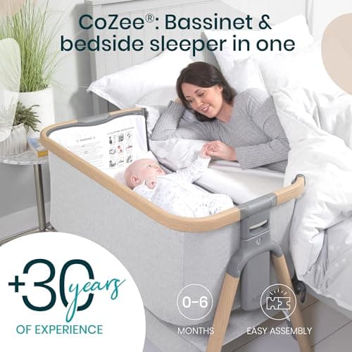 Tutti Bambini CoZee® 2-in-1 Baby Bassinet & Bedside Sleeper - Fast-Folding Bedside Bassinet, Baby Crib with 6 Mattress Heights & Breathable Mesh Window, Mattress Included, 0-6 Months (Silver & Oak)