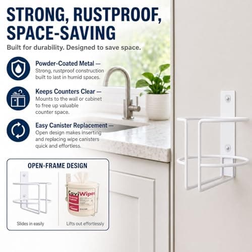 Wall Mount Cleaning Wipes Holder for Clorox & Lysol Wipe Canisters, Metal Wipes Canister Wall Bracket Fits up to 5.2" Diameter, Adhesive or Screw Mount Organizer for Kitchen Bathroom Gym Office — view 4