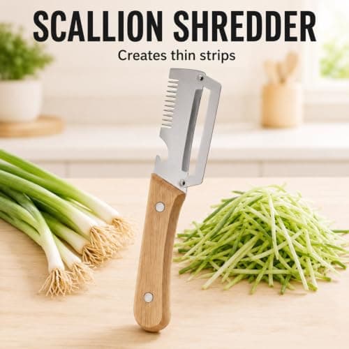3-Piece Wooden Peeler Set, Stainless Steel Vegetable Peelers with Bottle Opener & Scallion Shredder Tool, Potato Peeler and Green Onion Strip Maker for Kitchen Food Prep — view 3