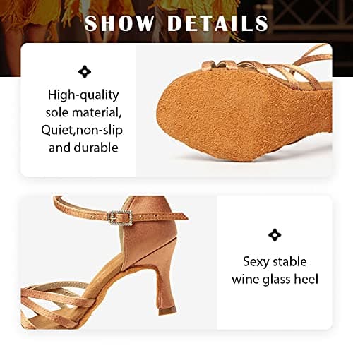 TINRYMX Women's Latin Dance Shoes Satin Ballroom Salsa Cha-cha Professional Practice Dance Shoes,EM217-Brown-2.75 Inch,7 US — view 3