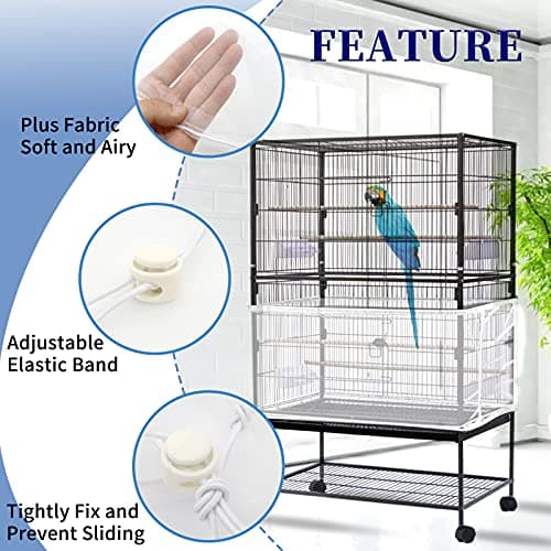 Large Bird Cage Cover, Daoeny Bird Cage Seed Catcher, Adjustable Soft Airy Nylon Mesh Net, Birdcage Cover Skirt Seed Guard for Parrot Parakeet Macaw African Round Square Cages (White) — view 3