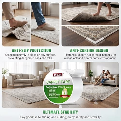 YYXLIFE Double Sided Removable Rug Tape - Carpet Adhesive for Hardwood Floors,Non Slip Anti Curling Floor Tape for Area Rugs,Mats,Carpets - No Residue Strong Hold for Tile, 2Inch x 10Yards,White — view 4