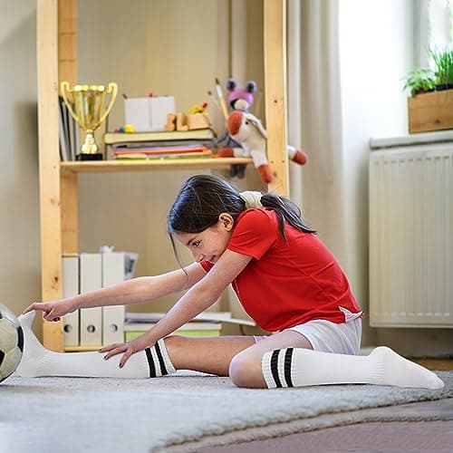 GRPSKCOS Kids Soccer Socks, 2 Pairs Sports Girls Boys Knee High Tube Socks Toddler Stripes School Uniform Stockings（#1 White+Black 3-6 Years） — view 2