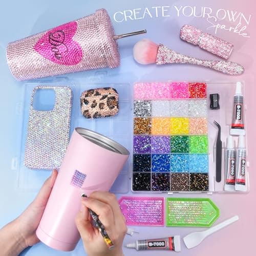 LOTWOW 35000 Pcs Resin Jelly Rhinestones Kit, Multicolor 3mm Flatback Rhinestones with 4 Pcs B7000 Jewelry Glue & Tools, All-in-One Bedazzling Kit for DIY Arts & Crafts Gifts