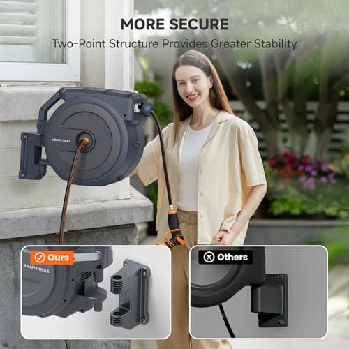 Giraffe Tools Heavy-Duty Wall-Mounted Hose Reel, 5/8" x 90 ft Retractable Hose with Automatic Rewind, 180° Swivel, Any-Length Lock & 9-Pattern Nozzle (Dark Grey)