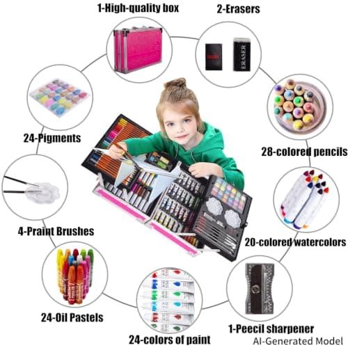 KINSPORY Art Set, 139 Pack Painting Drawing Art Supplies Kit with 2 Sketch Pads, Double Layers Art Crafts, Colored Pencils, Oil Pastels, Watercolor Paints, Aluminum Gift Case for Artists Kids (Pink) — view 3