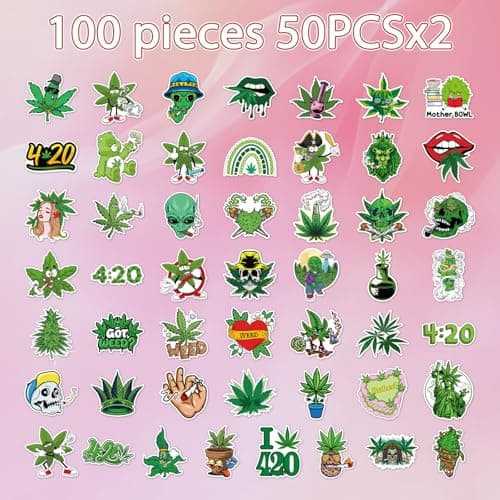 Vemfare Weed Plant Stickers for Adults - 100 Pcs Green Leaves Trippy Water Bottle Stickers, 420 Waterproof Vinyl Scrapbook Decals for Laptop Journaling