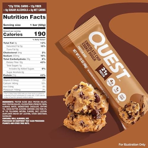 Quest Nutrition Chocolate Chip Cookie Dough Protein Bars, High Protein, Low Carb, Gluten Free, Keto Friendly, 12 Count — view 6